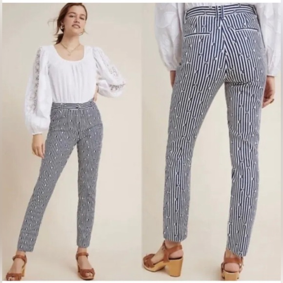 Anthropologie Pants - Anthropologie Women's The Essential Slim Trousers Blue White Stripe Size 2